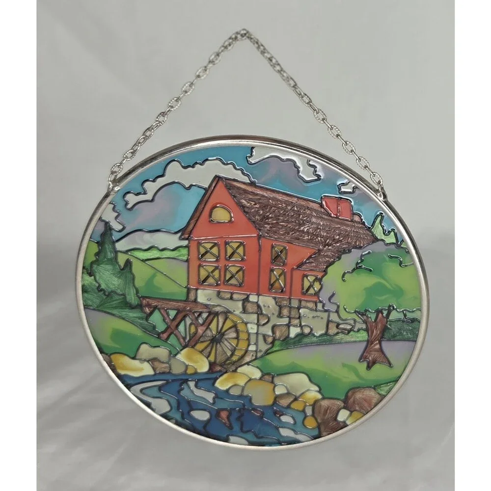 Vtg Handmade Stained Glass Sun Catcher Old Mill Water Wheel Tree 4.5